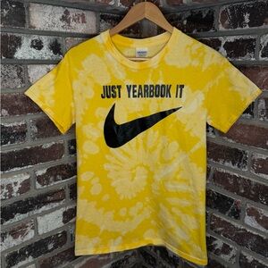 Custom Nike “Just Yearbook It” Swoosh Yellow Bleach Spiral Tiedye Tshirt